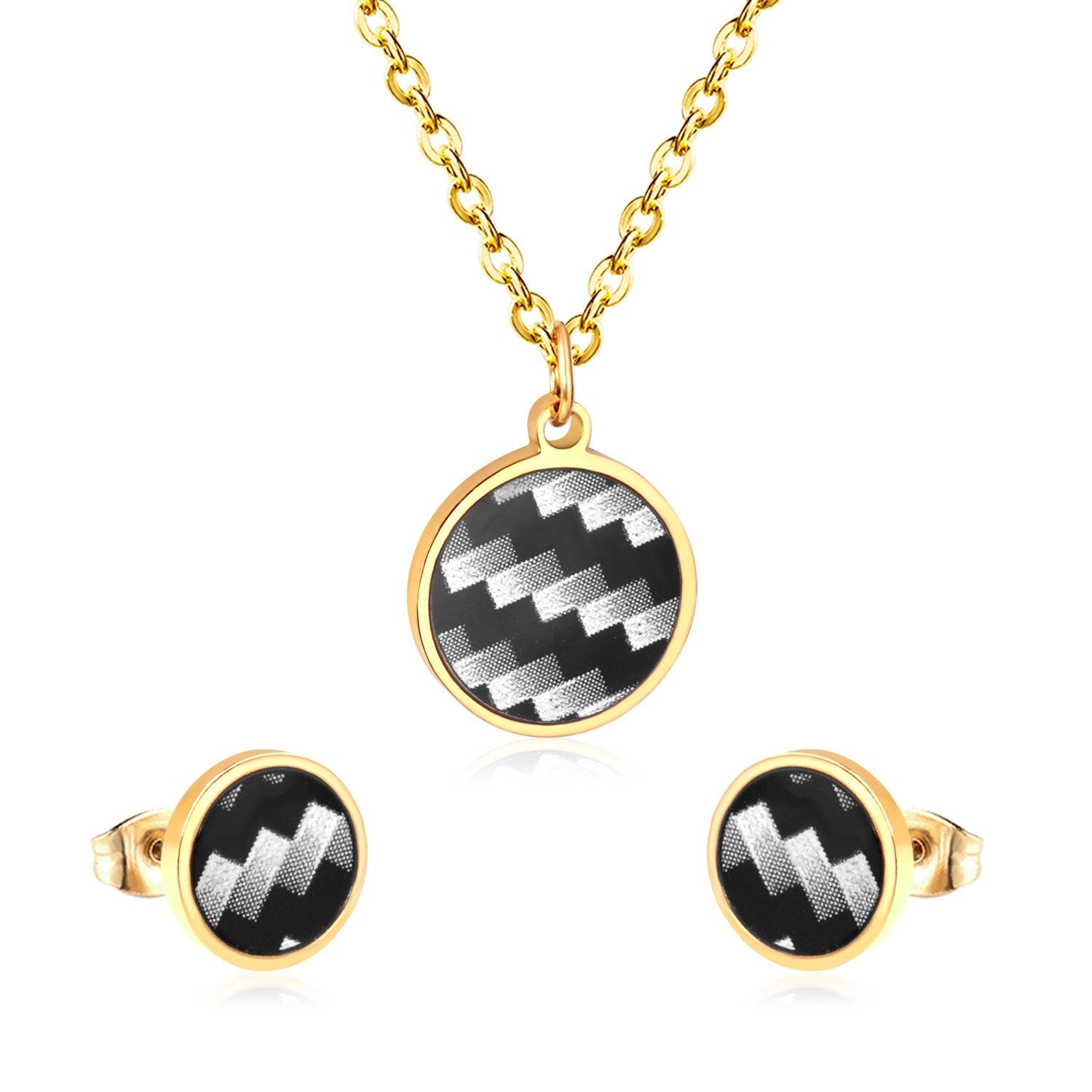 ASON Round Wedding Shell Carbon Fiber Jewelry Sets Pendant Necklace & Small Stud Earrings 316L Stainless Steel for Women asonjewelry